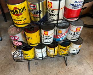 Gas station display rack with vintage oil