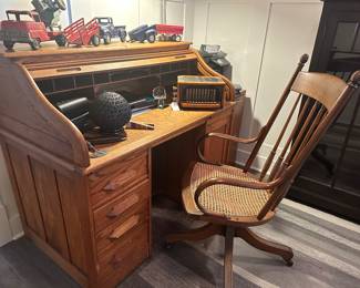 Oak roll-top desk &  office chair