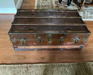 Primative Antique Steamer or Low Profile Cabin Trunk with Oak Slat Flat Top