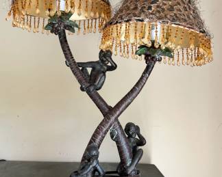 Vintage Three Wise Monkeys on Crossed Palm Tree Table Lamp With Leopard Printed Beaded Trim Shades