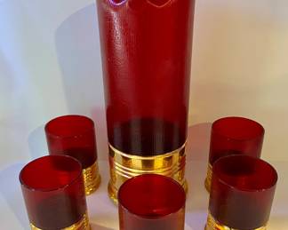 Vintage Imperial Glass Trader Vic's glass set including 5 "Big Shot" tumblers and 1 "Magnum" drink pitcher 