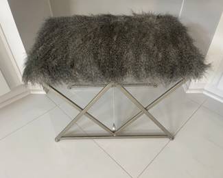  Astairess Faux Fur Argyle Base in Iron Vanity Bench in Gray/Silver