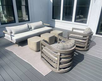 Nowell Custom Grey Outdoor Sofa
3 Ivan Square End Tables
2 La Jolla Occasional Swivel Chairs