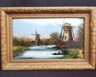 Lot # : 14 - Landscape with windmills, reverse-painted
