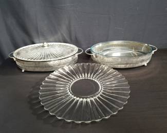 Lot # : 408 - Box of silver plated serving dishes and glass tray
