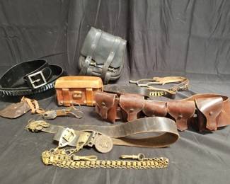 Lot # : 328 - Group of miscellaneous leather backpacks, belts
