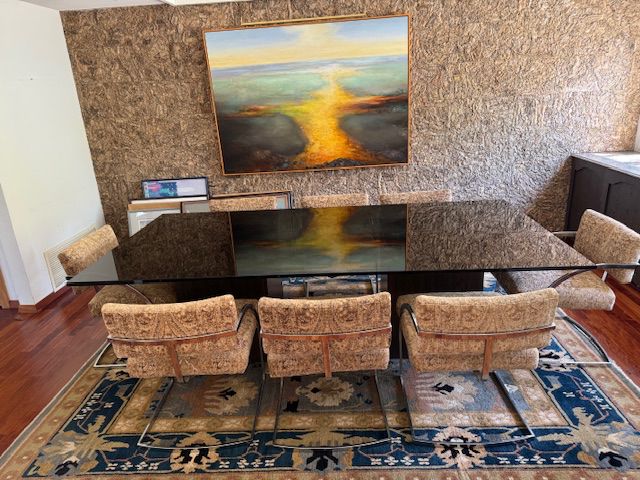 1970's Mid Century Modern Dining Table with 6 Chrome Chairs in the style of Milo Baughman. We will pre-sale this item because we need the room in the house - $1,600 obo call Steve (949)394-7499