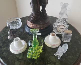 Two Vintage Match Strikes; Mid-Century Glass Bird on Grapes; Lalique Frosted Lion; Lalique-Style Figures, Waterford-Stye Crystal Clock, etc.