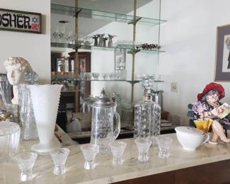 Cut Crystal Cordials, Vintage Etched Crystal Tankard w/ Pewter Lid; Dizzy Coyle Figure, etc.