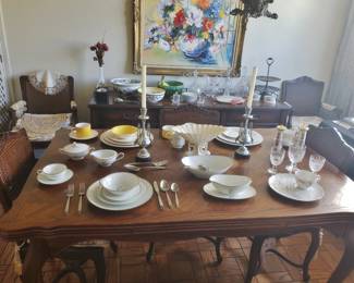 Provinicial Oak Dining Table w/ 6 Chairs; Lenox Center Bowl; Retro Chinak etc.