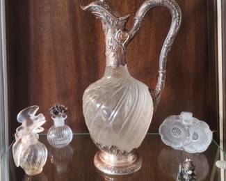 Antique French Sterling / Crystal Ewer; Assorted Lalique Perfume Bottles