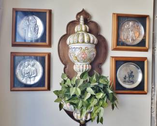 Italian Wall Fountain; ewter Plates including Don Quixote