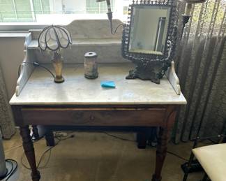 Antique Marble Top Writing Table / Wash Stand; Antique Iron Beveled Mirror w/ Sconces