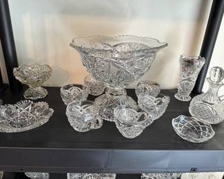 Circa 1950 pressed glass punch bowl, cut glass pieces