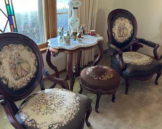Beautiful old “antique matching lady’s and chest chairs, there is also a love seat with different upholstery and a couple of other pieces not shone. 