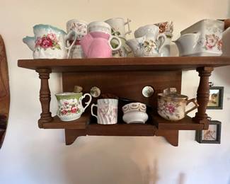  collection of shaving mugs and shaving wall shelf