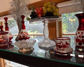 Antique lovebirds frosted red glassware 