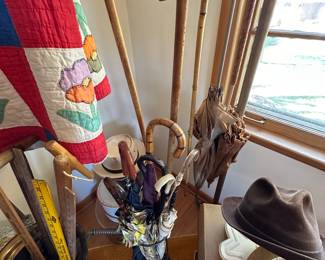 collection of walking sticks and umbrellas 