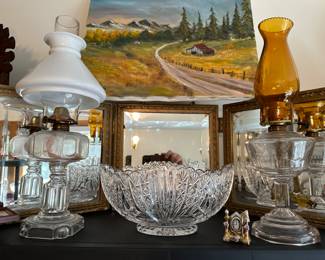 antique lamps and crystal, hinged beveled trimirror