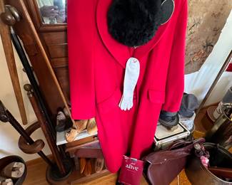 ladies wool coat, mink hat and scarf