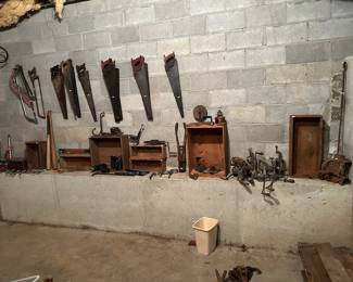 Antique tools, saws, shipping crates, and more