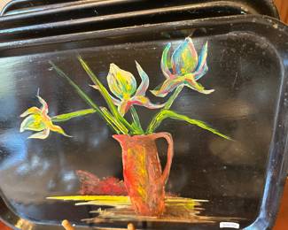 Hand painted lunch trays, each one has a different scene 