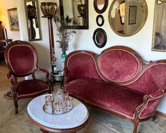 parlormset circa 1860, coffee table has dogwood blossoms on base is later