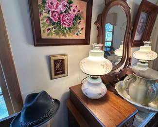 Pair of antique electrified dresser lamps