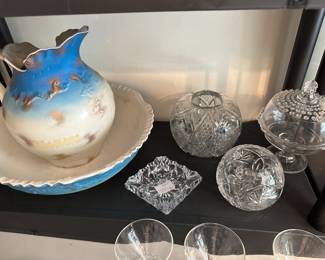 antique wash basin and water pitcher, rose bowl 