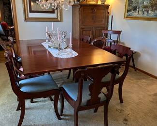 Willet cherry spiral leg dining table with five fiddle back arm chairs and one matching arm chair