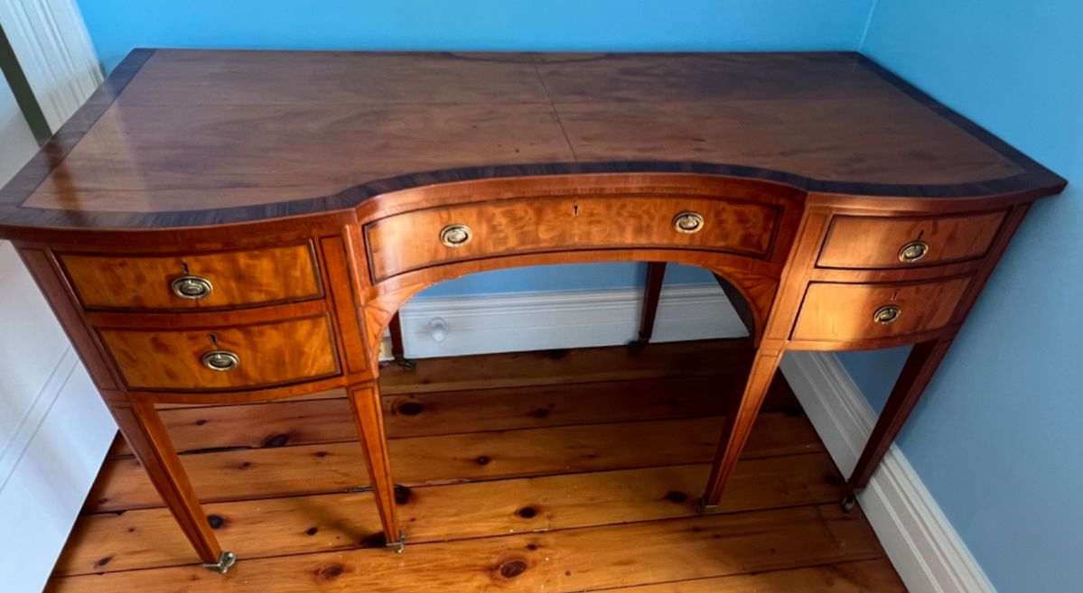 128. American Library Table w/ Line & Fan Inlay c. 1840 (54" x 24" x 30")