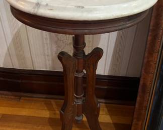 21. Antique Marble Top Accent Table w/ Carved Wood Base(15" x 31")