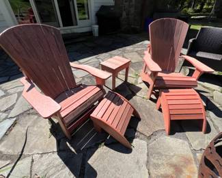 60. Pair of Resin Adirondack Chairs w/ Ottomans and Side Table