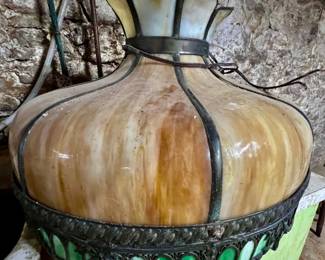 65. Antique Stained Glass Pendant Light w/ Bronze Overlay (24" x 16")