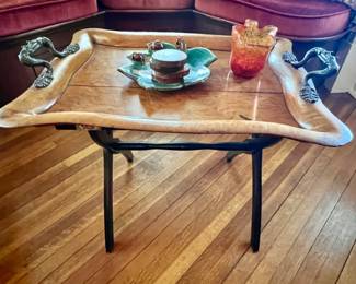 13. Antique Tiger Maple Tray w/ Brass Metal Handles (29" x 21")