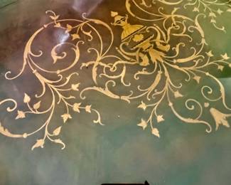 33. Double Pedestal Dining Table from Portugal w/ Inlay Detail and Protective Glass Top and 2 Leaves (118" x 47" x 31")