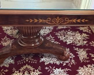 33. Double Pedestal Dining Table from Portugal w/ Inlay Detail and Protective Glass Top and 2 Leaves (118" x 47" x 31")