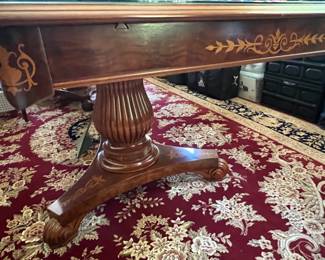 33. Double Pedestal Dining Table from Portugal w/ Inlay Detail and Protective Glass Top and 2 Leaves (118" x 47" x 31")