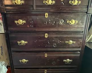 95. Antique 6 Drawer Highboy w/ Pharoah Pulls (36" x 20" x 66")