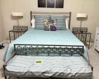 #18 - $450.00 - 4 piece bedroom set - Metal bench with cushion 28H x 20W x 49L - Queen Bed 84L x 60W x 27H - bedside tables 29H x 22W x 18D