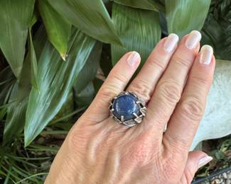 #56 - $75.00 - Sterling & lapus lazuli cabochon handcrafted ring -12.80gr - size 7 1/2
