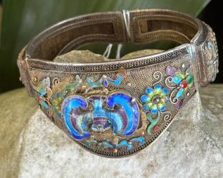 #52 - $150.00 - Thai bracelet enamel & filigree hinged. 