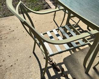 #33 - $150.00 - Outdoor square aluminum table, with glass top and  4 chairs 28H x 42W-  chairs 35H x 23W x 22D