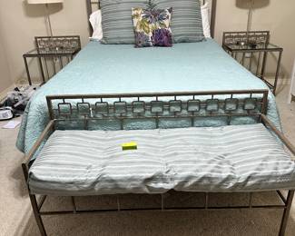 #18 - $450.00 - 4 piece bedroom set - Metal bench with cushion 28H x 20W x 49L - Queen Bed 84L x 60W x 27H - bedside tables 29H x 22W x 18D