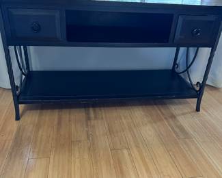 #10 - $250.00 - 2 drawer cabinet, with 2 shelves with wrought iron sides 26H x 46L x 18D