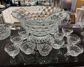 #47 - $300.00 - Fostoria American clear punch bowl with stand, 12 cups and ladle