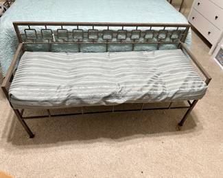 #18 - $450.00 - 4 piece bedroom set - Metal bench with cushion 28H x 20W x 49L - Queen Bed 84L x 60W x 27H - bedside tables 29H x 22W x 18D