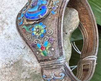 #52 - $150.00 - Thai bracelet enamel & filigree hinged. 