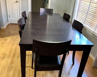 #1 - $750.00 - Crate & Barrel table with 6 chairs and one leaf 29H x 80L x 38W  Leaf is 21 x 38 chairs are 34H x 16W chair seat 18H