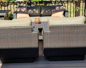 WICKER PATIO SET - SOFA $150, CHAIRS $125 EACH AND COFFEE TABLE $50 - TOTAL $500.....A FEW SLIGHT IMPERFECTIONS ON TABLE AND THERE IS A CLOSE UP OF ONE SIDE OF THE SOFA BY THE LEG. PRICED ACCORDINGLY AND SELLING INDIVIDUALLY OR AS SET